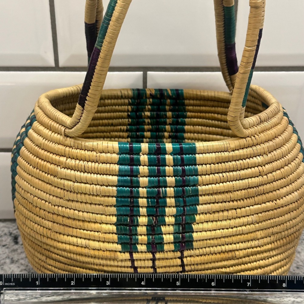 Handcrafted Woven Basket Bag with Lid Teal Purple Geometric Natural Straw Tan - Picture 11 of 13